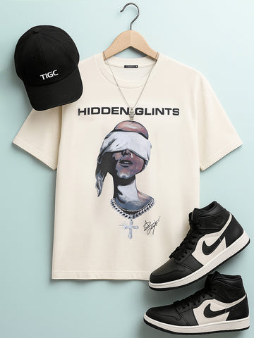 Men's Cream Relaxed Fit Graphic Printed 240 GSM Casual T-Shirt