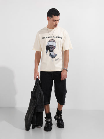 Men's Cream Relaxed Fit Graphic Printed 240 GSM Casual T-Shirt