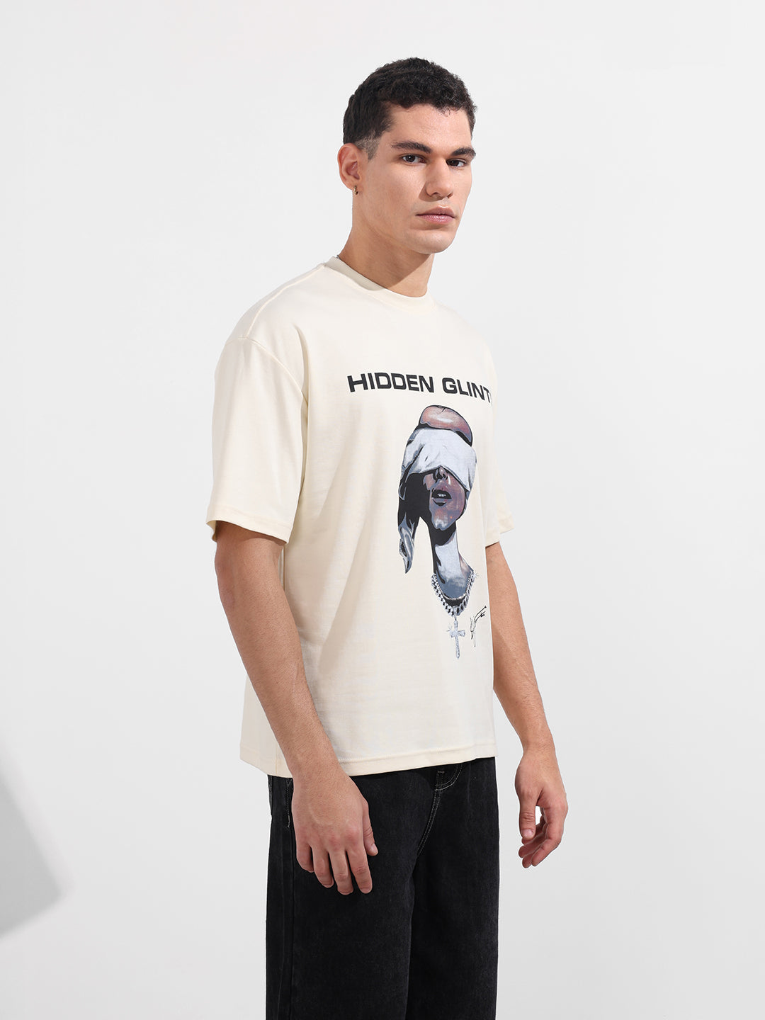 Men's Cream Relaxed Fit Graphic Printed 240 GSM Casual T-Shirt