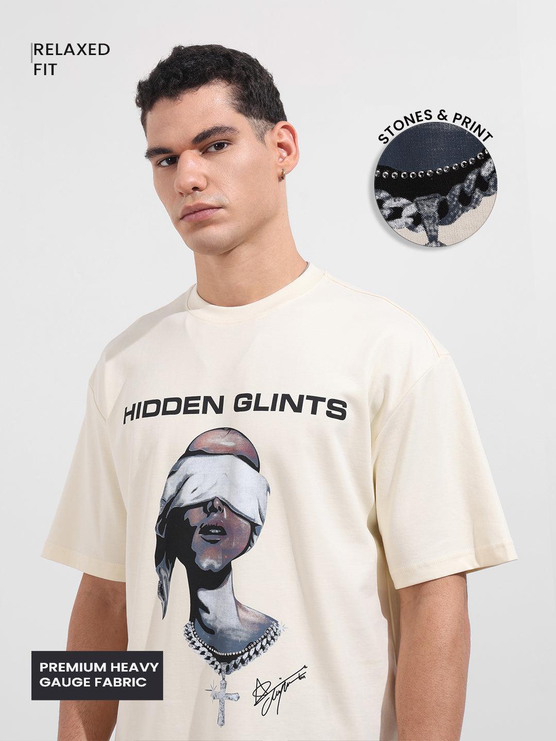 Men's Cream Relaxed Fit Graphic Printed 240 GSM Casual T-Shirt