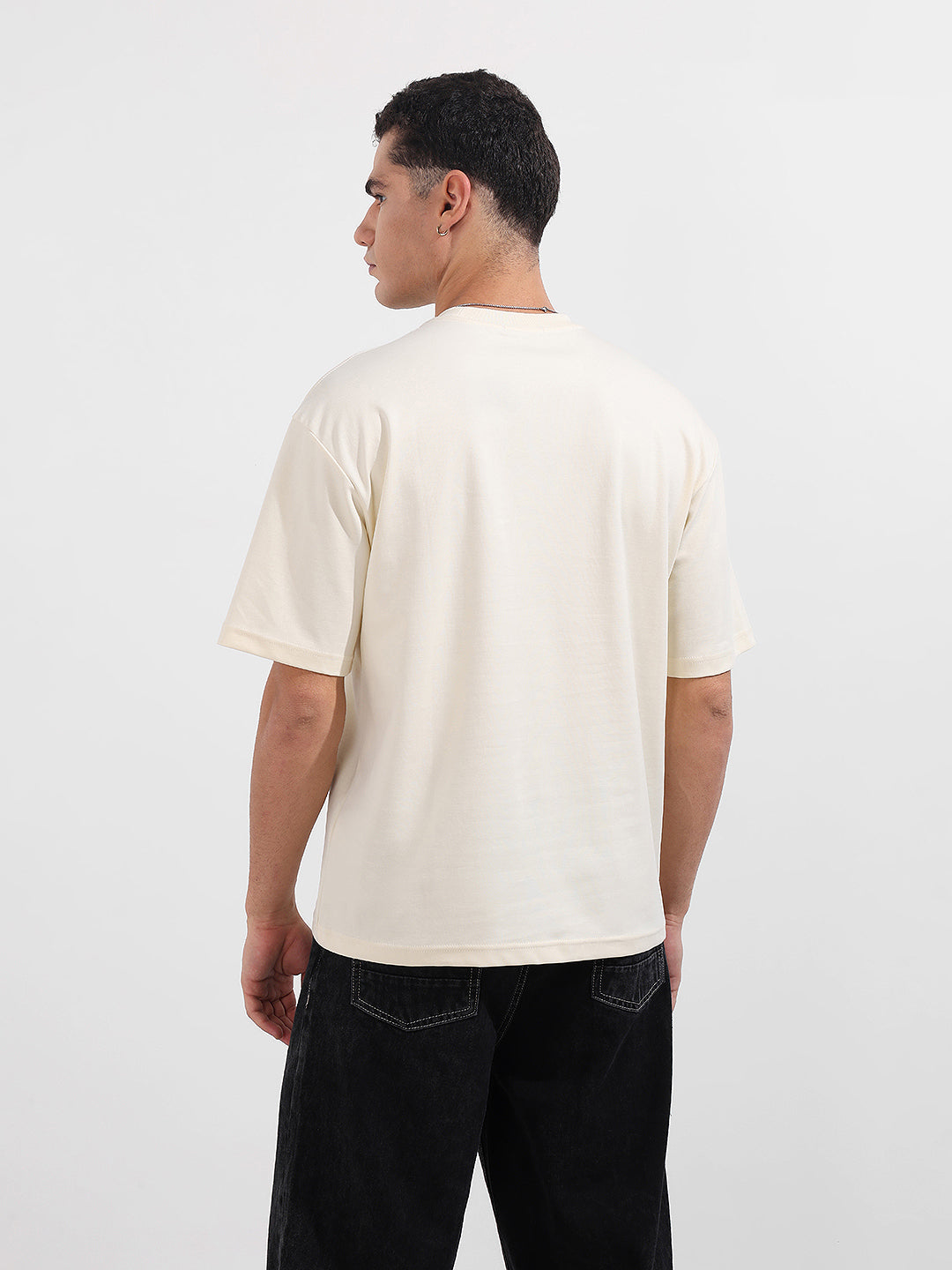 Men's Cream Relaxed Fit Graphic Printed 240 GSM Casual T-Shirt