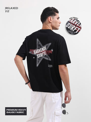 Men's Black Relaxed Fit Graphic Printed 240 GSM Casual T-Shirt