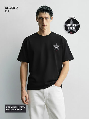 Men's Black Relaxed Fit Graphic Printed 240 GSM Casual T-Shirt