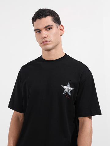 Men's Black Relaxed Fit Graphic Printed 240 GSM Casual T-Shirt
