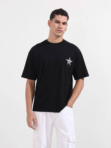 Men's Black Relaxed Fit Graphic Printed 240 GSM Casual T-Shirt