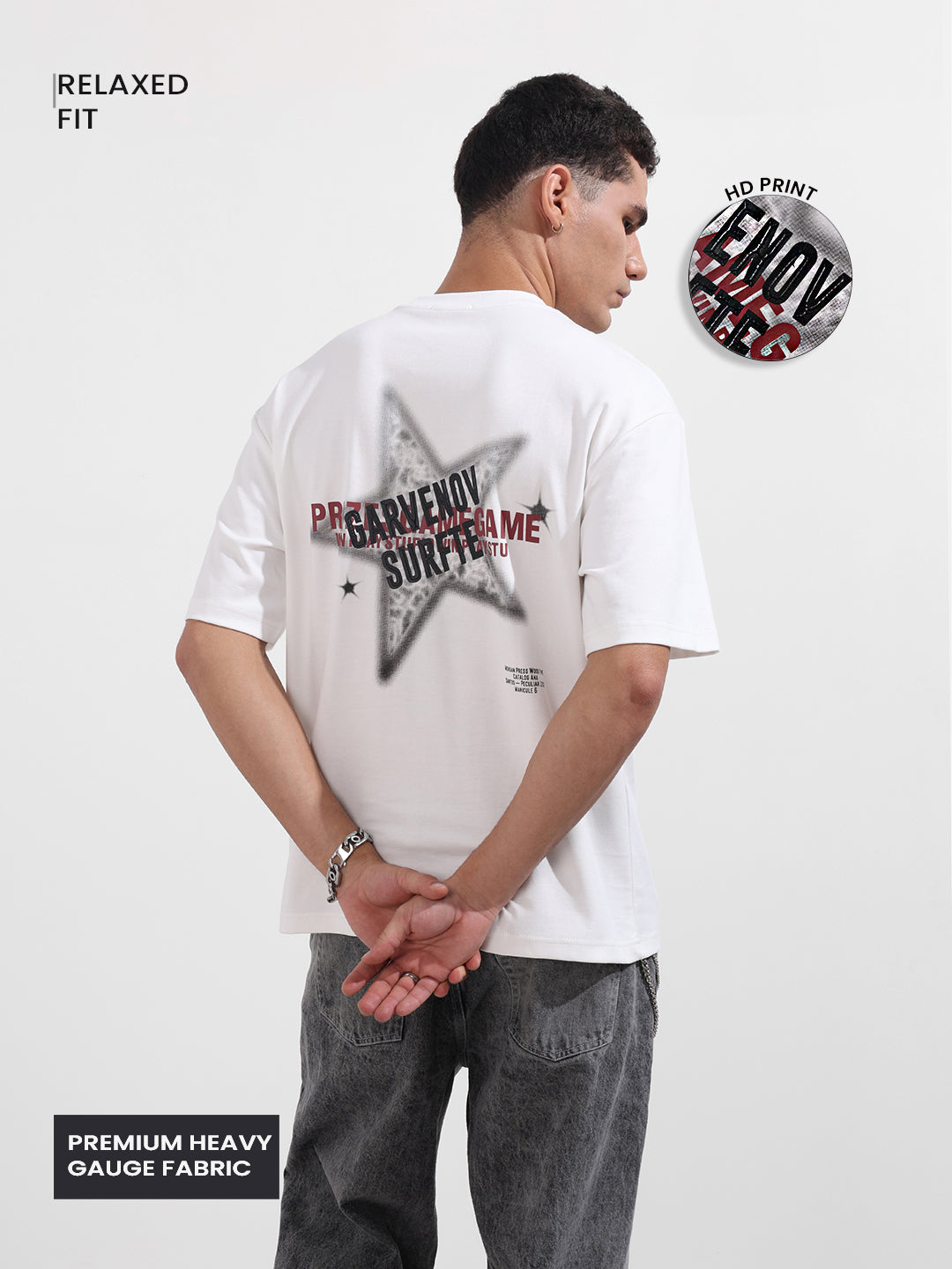 Men's White Relaxed Fit Graphic Printed 240 GSM Casual T-Shirt