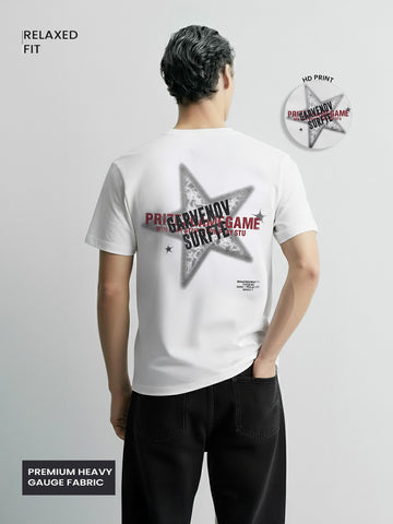 Men's White Relaxed Fit Graphic Printed 240 GSM Casual T-Shirt