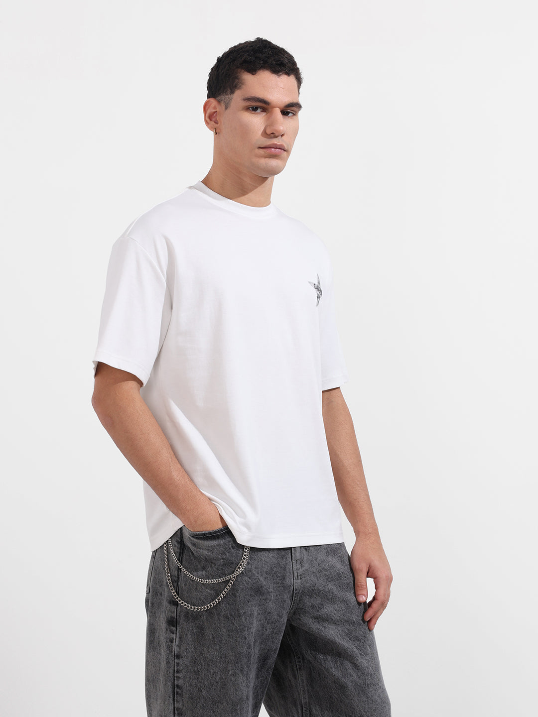 Men's White Relaxed Fit Graphic Printed 240 GSM Casual T-Shirt
