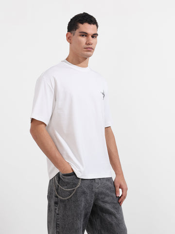 Men's White Relaxed Fit Graphic Printed 240 GSM Casual T-Shirt