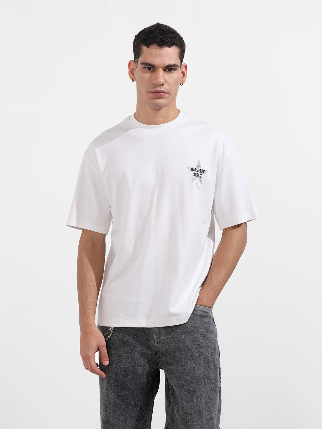 Men's White Relaxed Fit Graphic Printed 240 GSM Casual T-Shirt