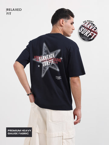 Men's Blue Relaxed Fit Graphic Printed 240 GSM Casual T-Shirt
