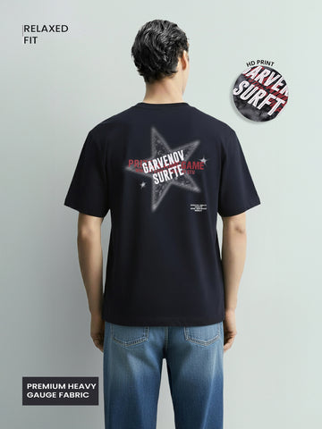 Men's Blue Relaxed Fit Graphic Printed 240 GSM Casual T-Shirt