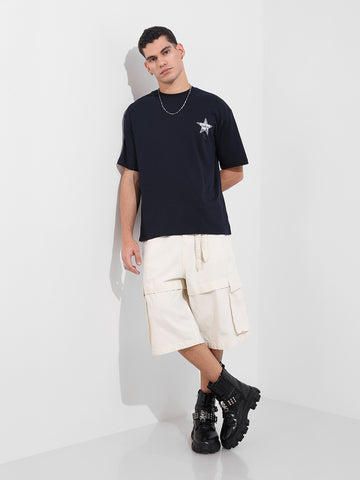 Men's Blue Relaxed Fit Graphic Printed 240 GSM Casual T-Shirt