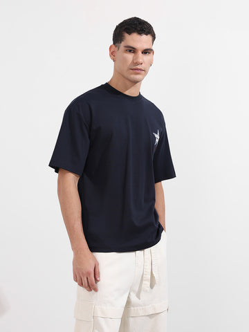 Men's Blue Relaxed Fit Graphic Printed 240 GSM Casual T-Shirt