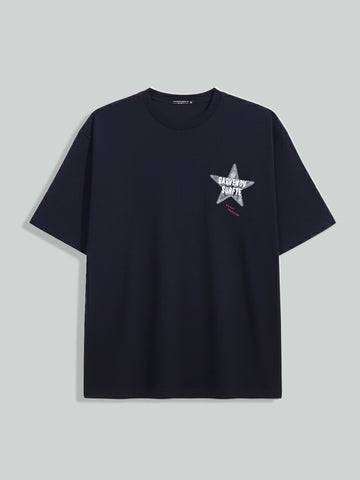 Men's Blue Relaxed Fit Graphic Printed 240 GSM Casual T-Shirt