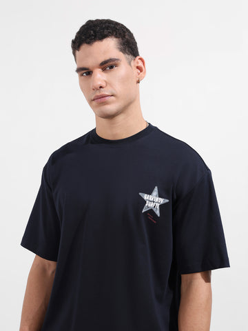 Men's Blue Relaxed Fit Graphic Printed 240 GSM Casual T-Shirt