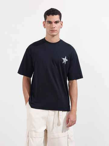 Men's Blue Relaxed Fit Graphic Printed 240 GSM Casual T-Shirt
