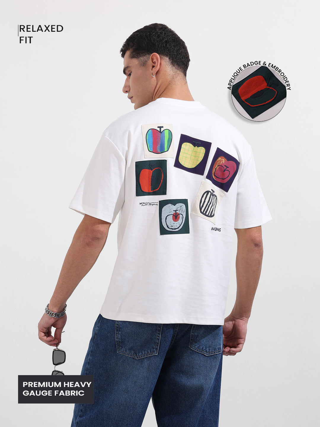 Men's White Relaxed Fit Embroided 240 GSM Casual T-Shirt