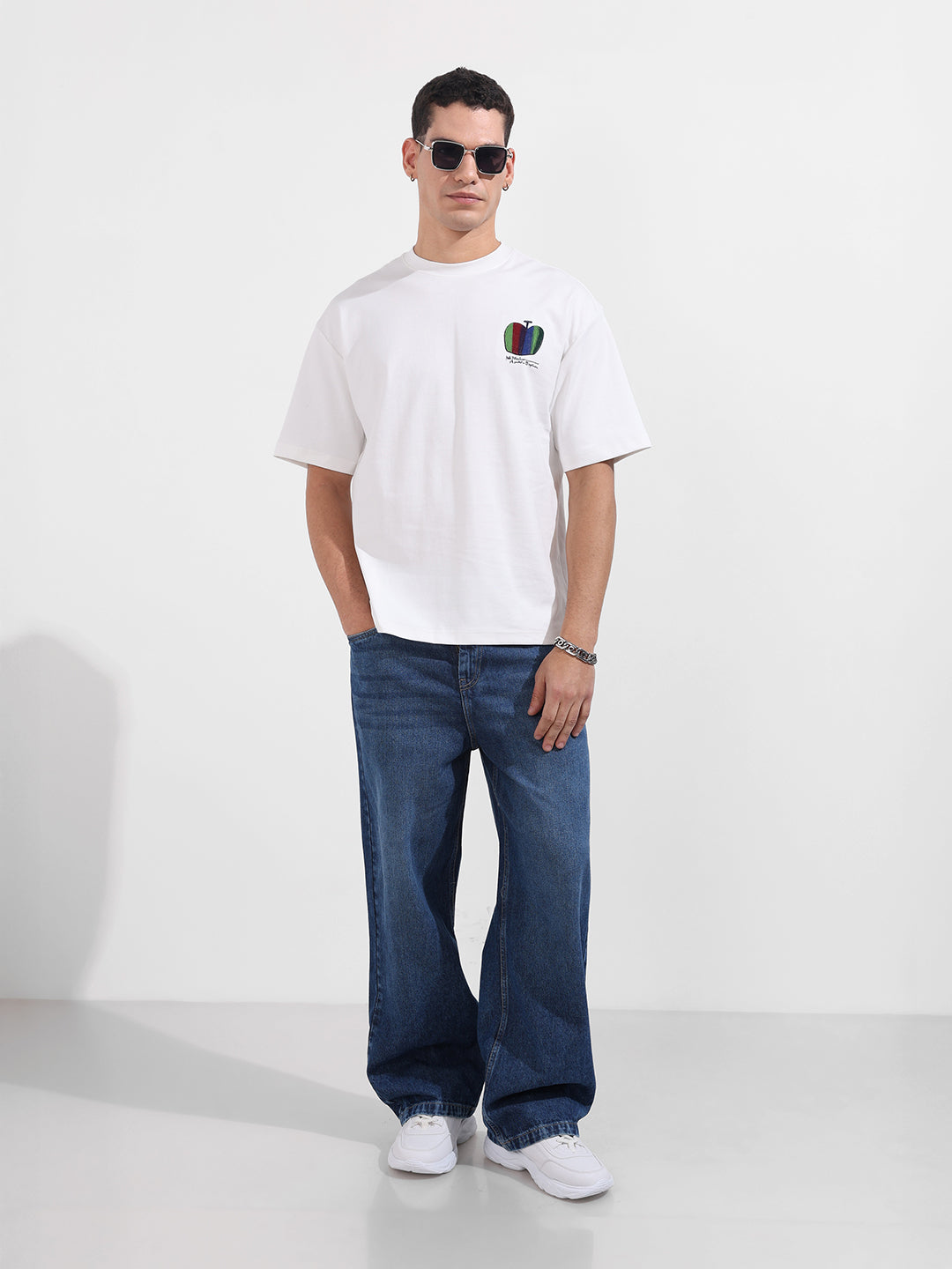 Men's White Relaxed Fit Embroided 240 GSM Casual T-Shirt