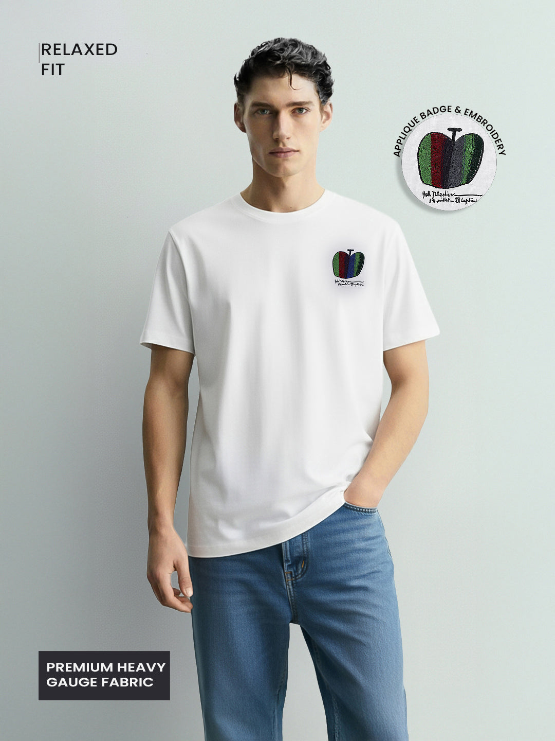 Men's White Relaxed Fit Embroided 240 GSM Casual T-Shirt