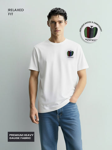 Men's White Relaxed Fit Embroided 240 GSM Casual T-Shirt