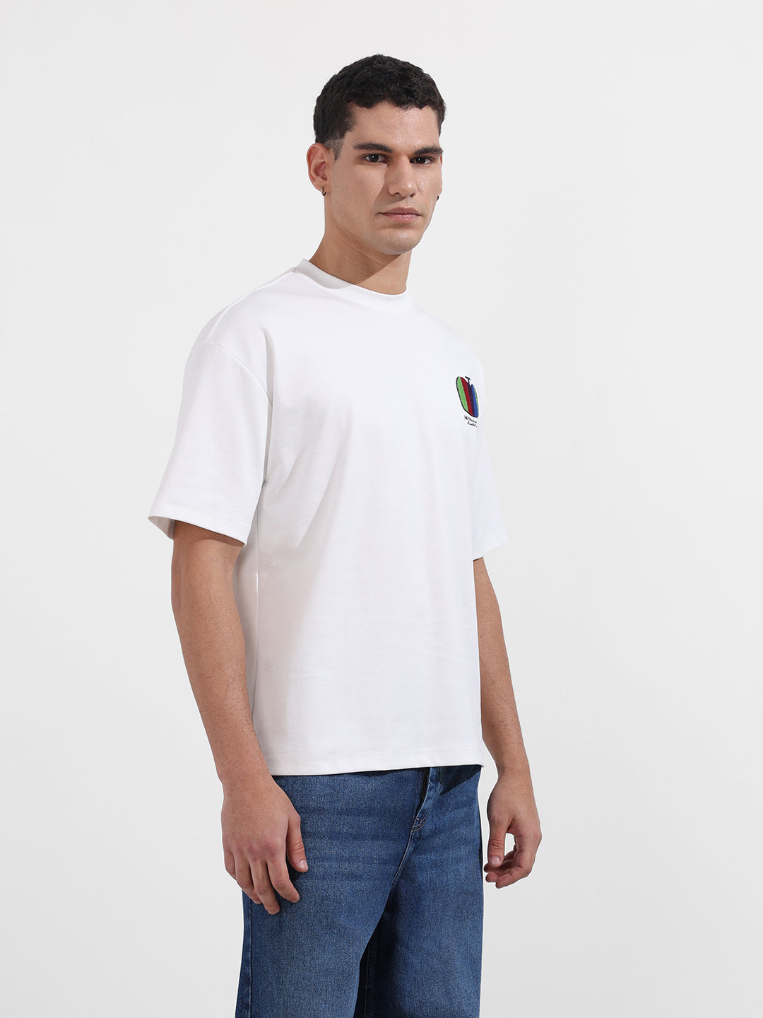 Men's White Relaxed Fit Embroided 240 GSM Casual T-Shirt