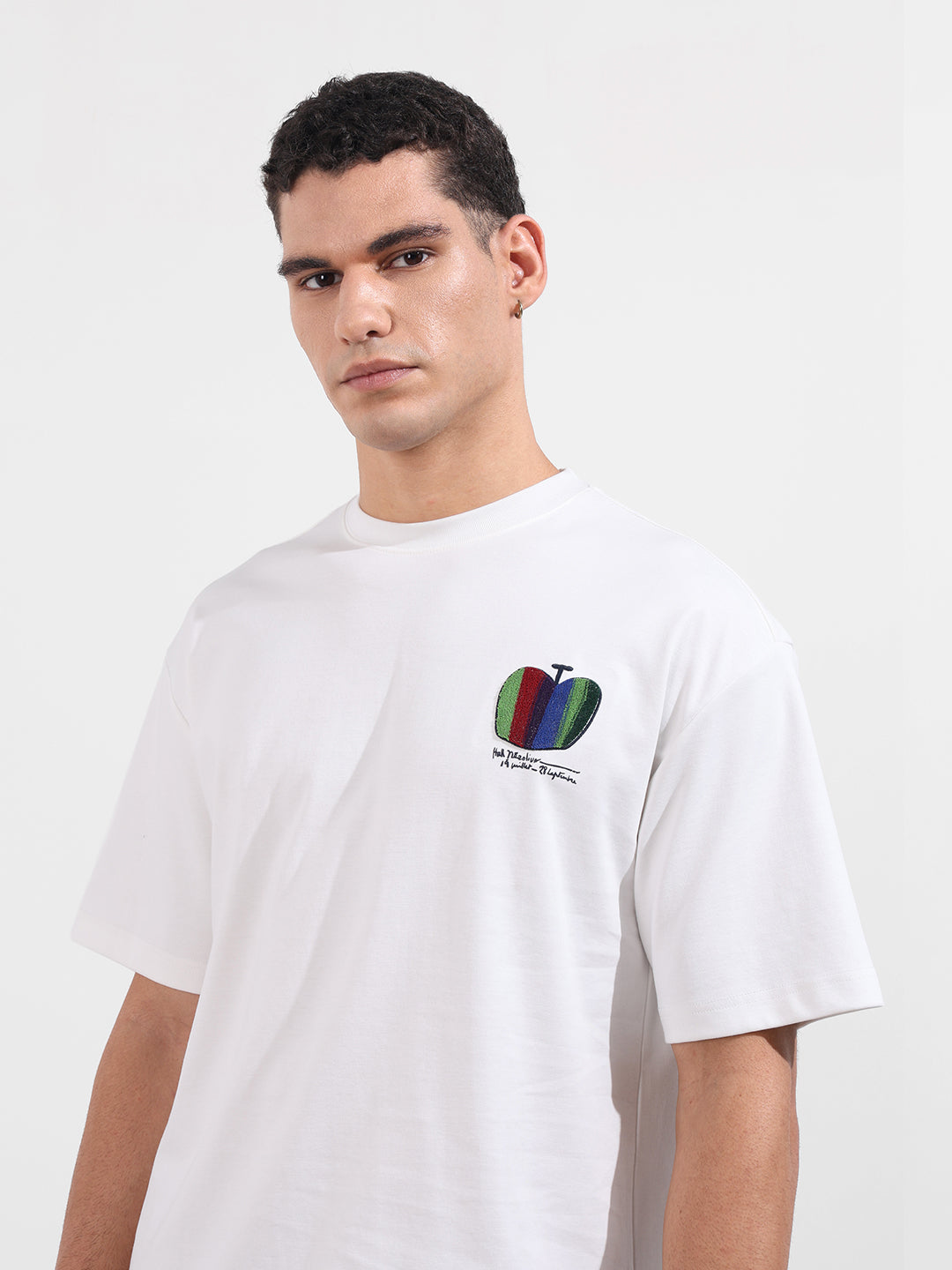 Men's White Relaxed Fit Embroided 240 GSM Casual T-Shirt