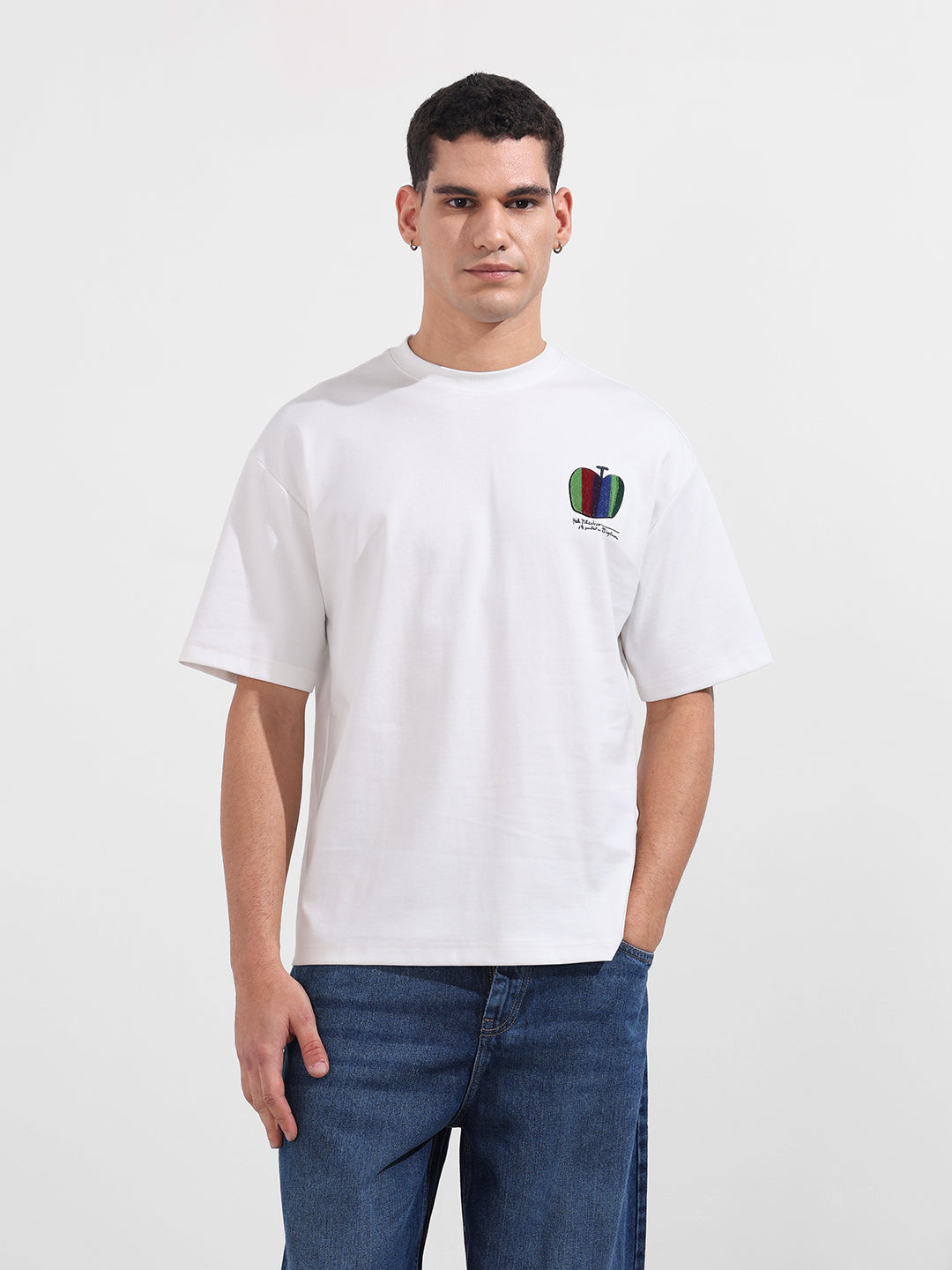 Men's White Relaxed Fit Embroided 240 GSM Casual T-Shirt