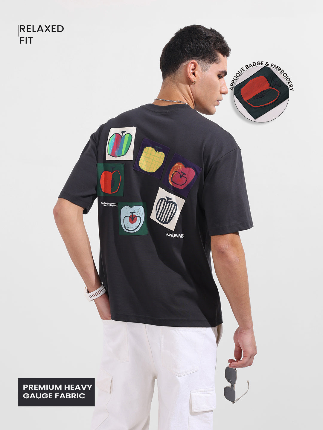 Men's Grey Relaxed Fit Embroided 240 GSM Casual T-Shirt