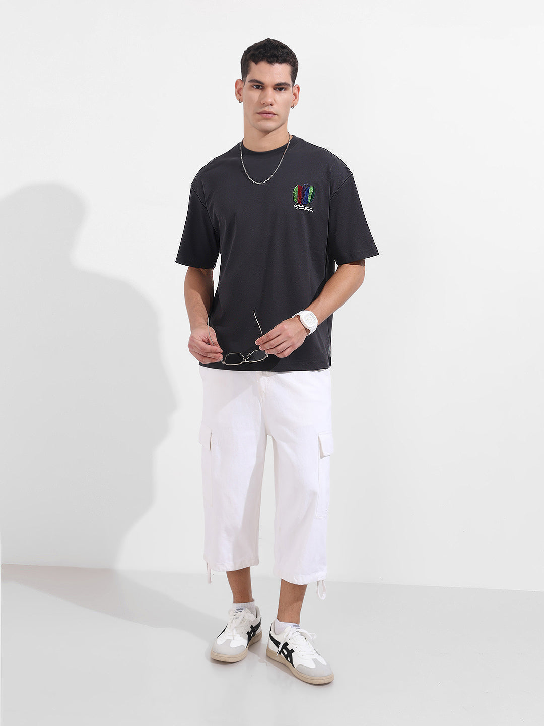 Men's Grey Relaxed Fit Embroided 240 GSM Casual T-Shirt
