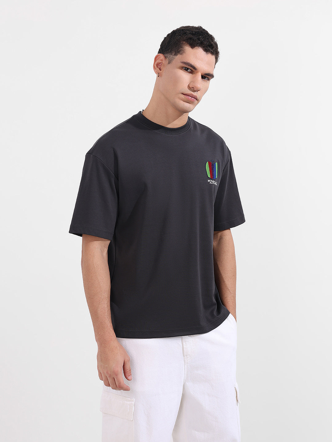 Men's Grey Relaxed Fit Embroided 240 GSM Casual T-Shirt