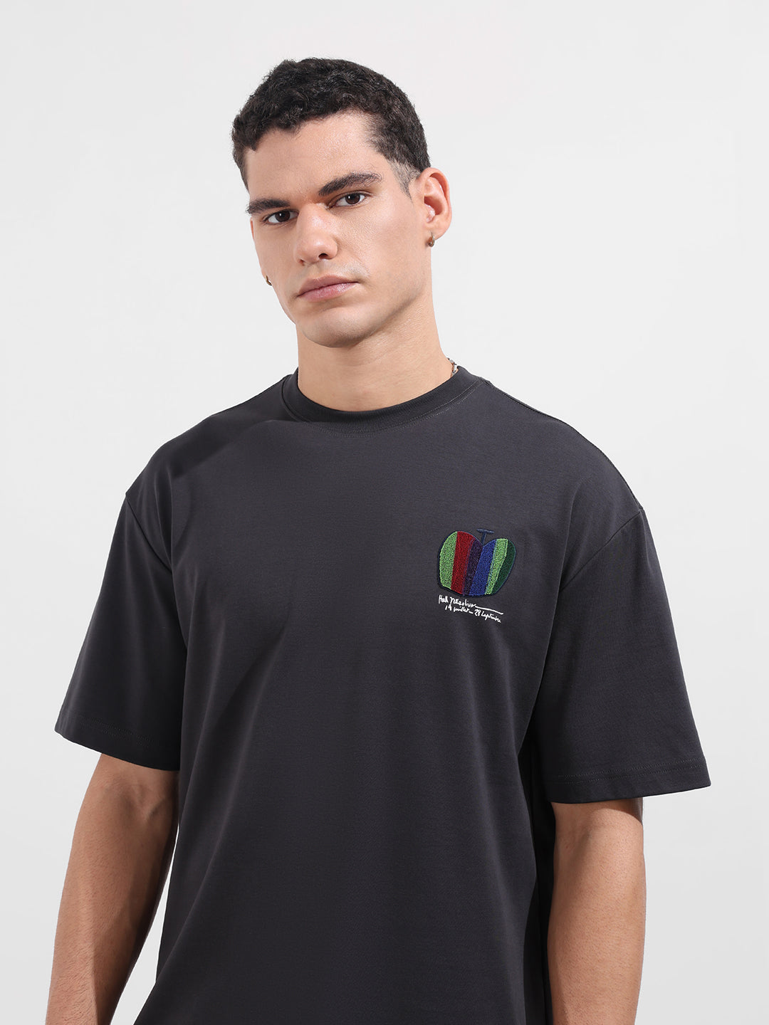 Men's Grey Relaxed Fit Embroided 240 GSM Casual T-Shirt