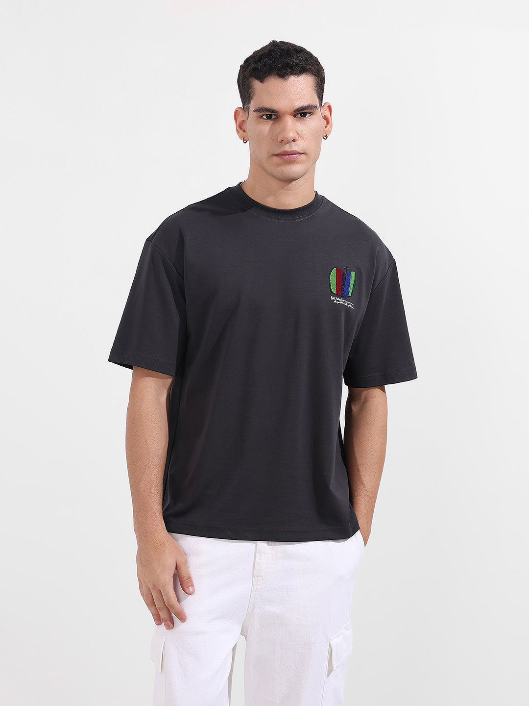 Men's Grey Relaxed Fit Embroided 240 GSM Casual T-Shirt