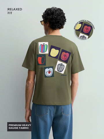 Men's Green Relaxed Fit Embroided 240 GSM Casual T-Shirt