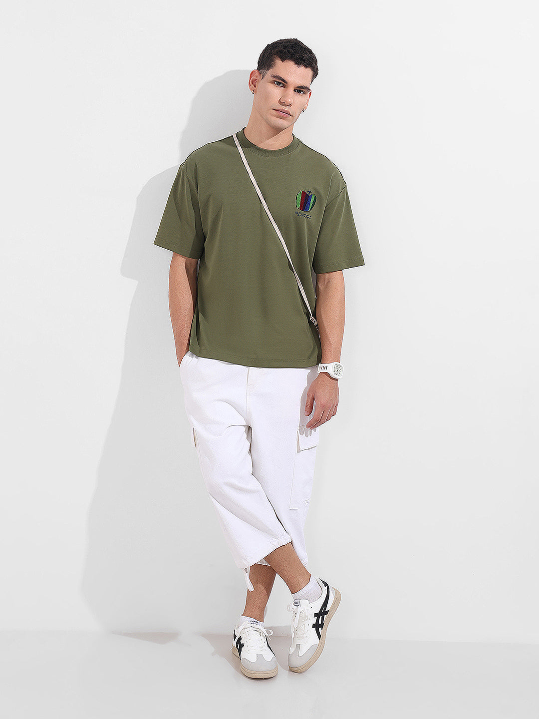Men's Green Relaxed Fit Embroided 240 GSM Casual T-Shirt