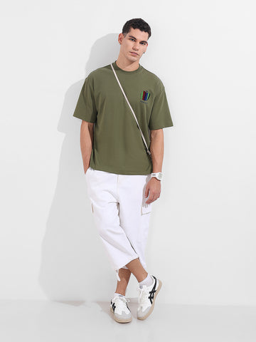 Men's Green Relaxed Fit Embroided 240 GSM Casual T-Shirt