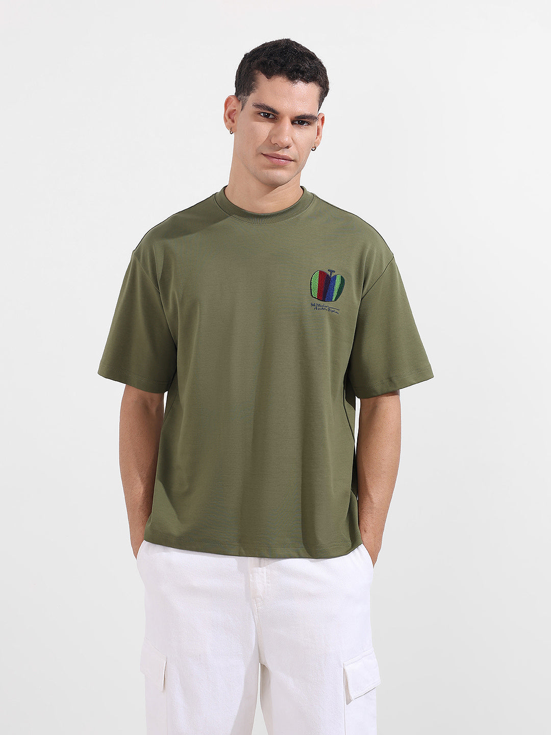 Men's Green Relaxed Fit Embroided 240 GSM Casual T-Shirt