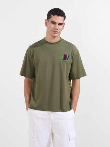 Men's Green Relaxed Fit Embroided 240 GSM Casual T-Shirt