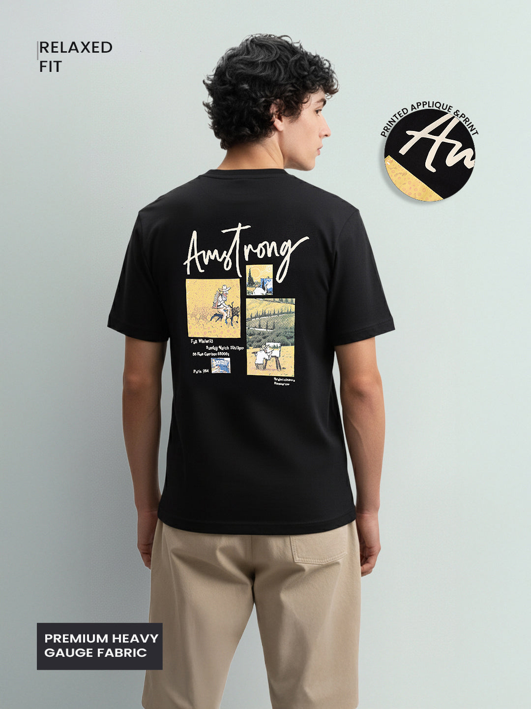 Men's Black Relaxed Fit Embroided 240 GSM Casual T-Shirt