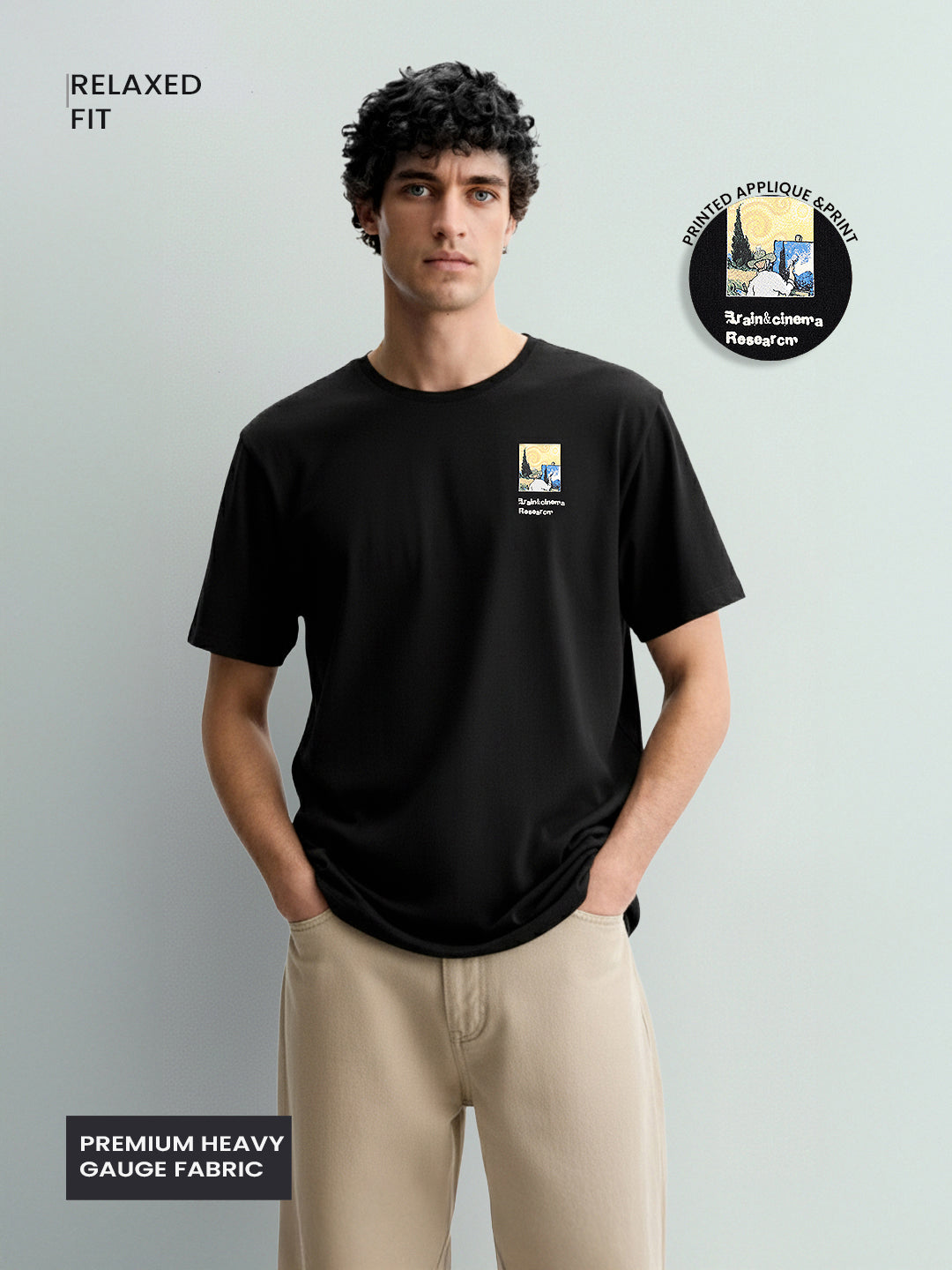 Men's Black Relaxed Fit Embroided 240 GSM Casual T-Shirt