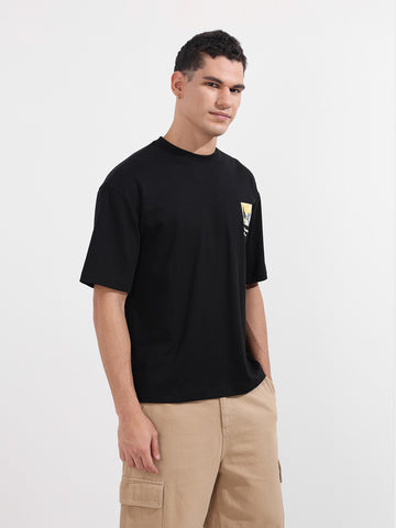 Men's Black Relaxed Fit Embroided 240 GSM Casual T-Shirt