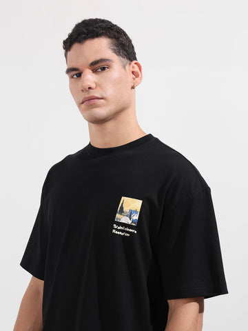 Men's Black Relaxed Fit Embroided 240 GSM Casual T-Shirt