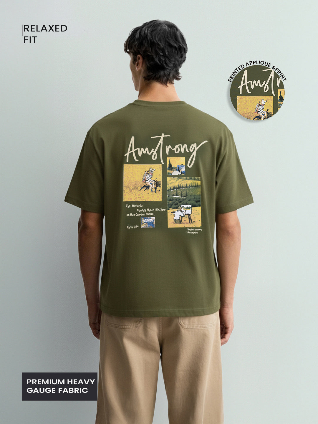 Men's Green Relaxed Fit Embroided 240 GSM Casual T-Shirt