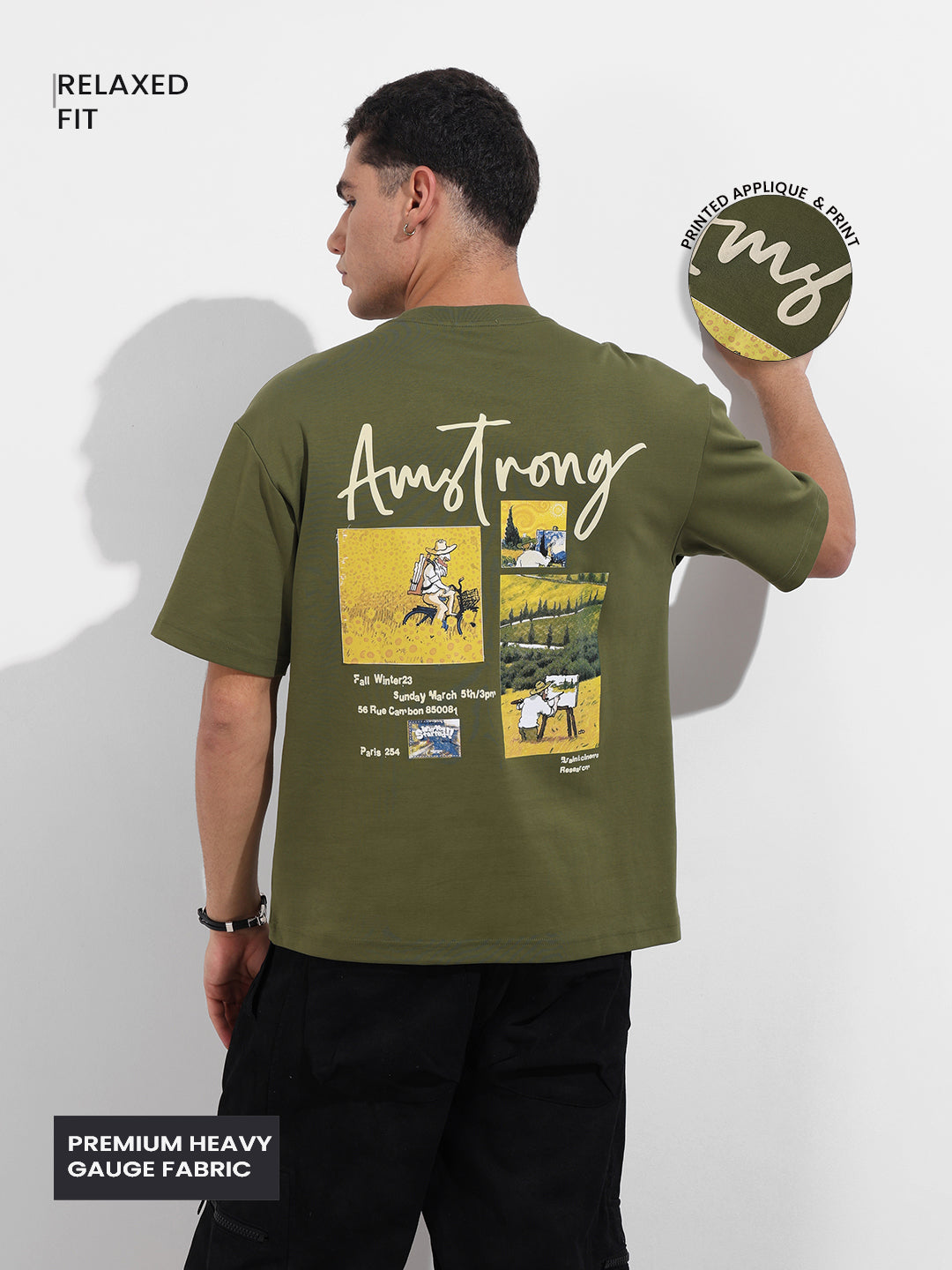 Men's Green Relaxed Fit Embroided 240 GSM Casual T-Shirt