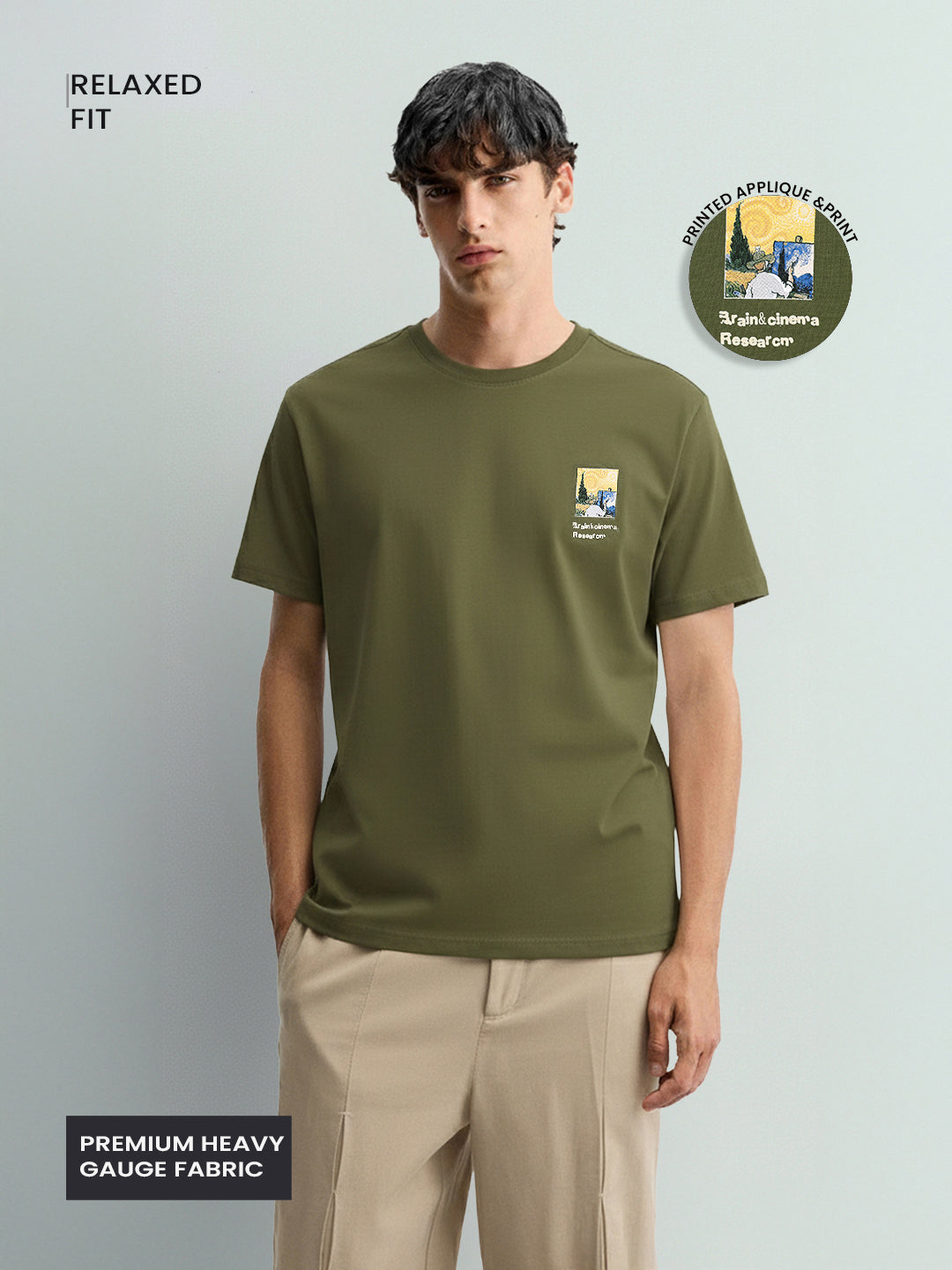Men's Green Relaxed Fit Embroided 240 GSM Casual T-Shirt