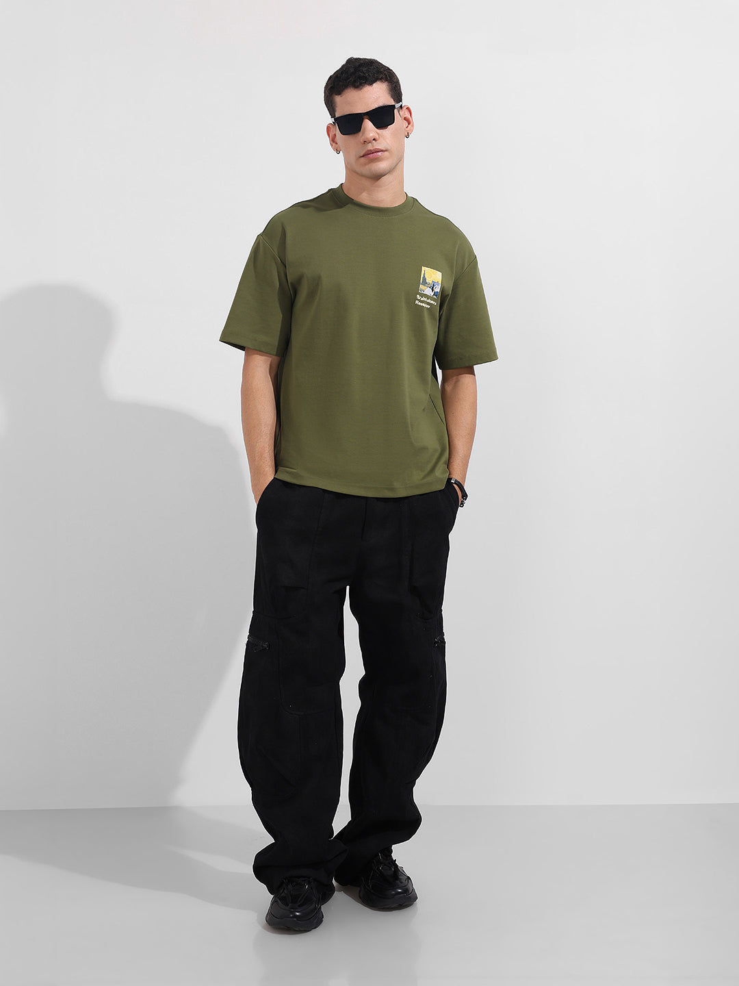 Men's Green Relaxed Fit Embroided 240 GSM Casual T-Shirt