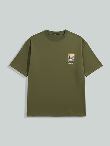 Men's Green Relaxed Fit Embroided 240 GSM Casual T-Shirt