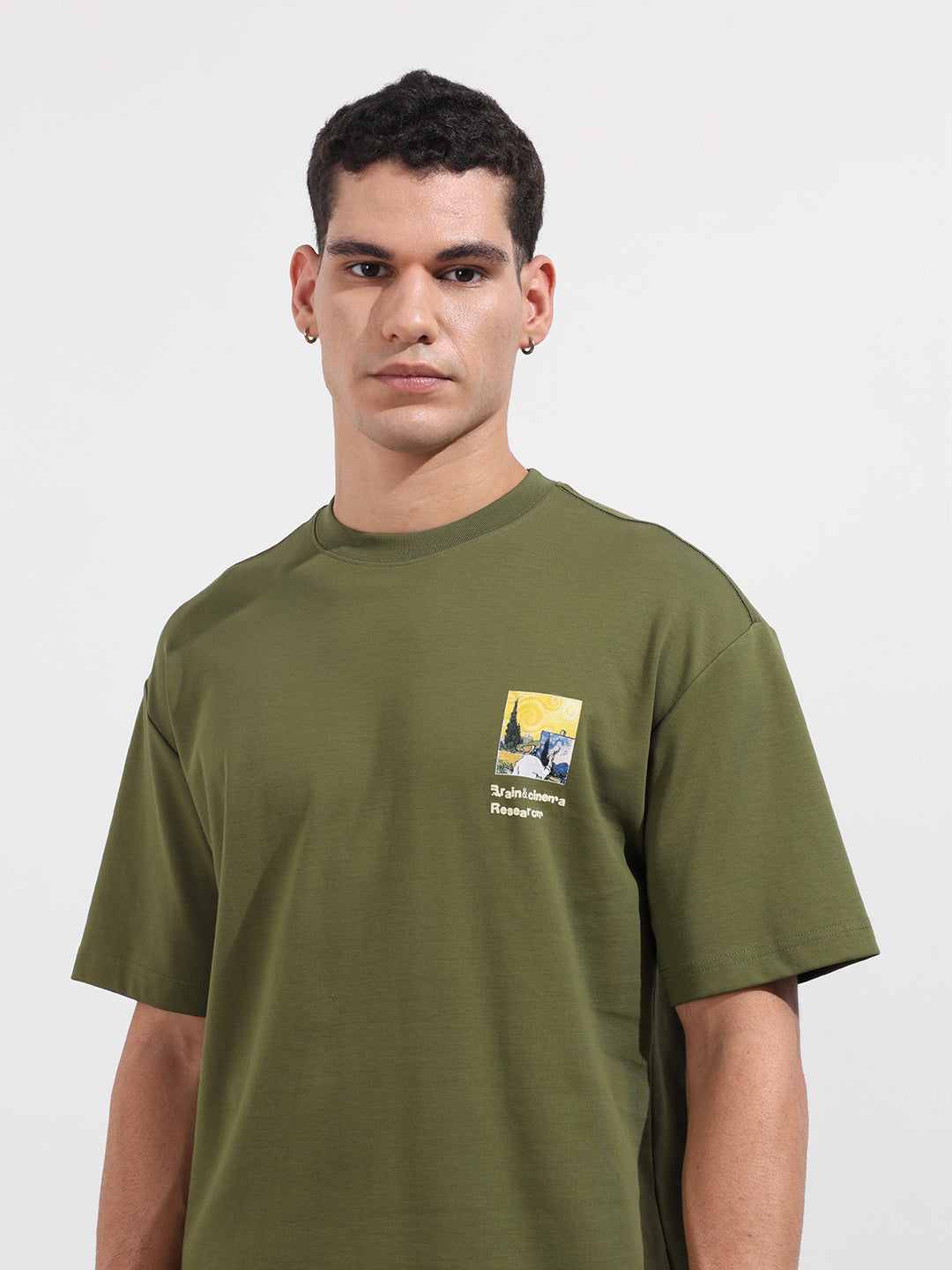 Men's Green Relaxed Fit Embroided 240 GSM Casual T-Shirt