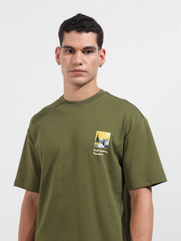 Men's Green Relaxed Fit Embroided 240 GSM Casual T-Shirt