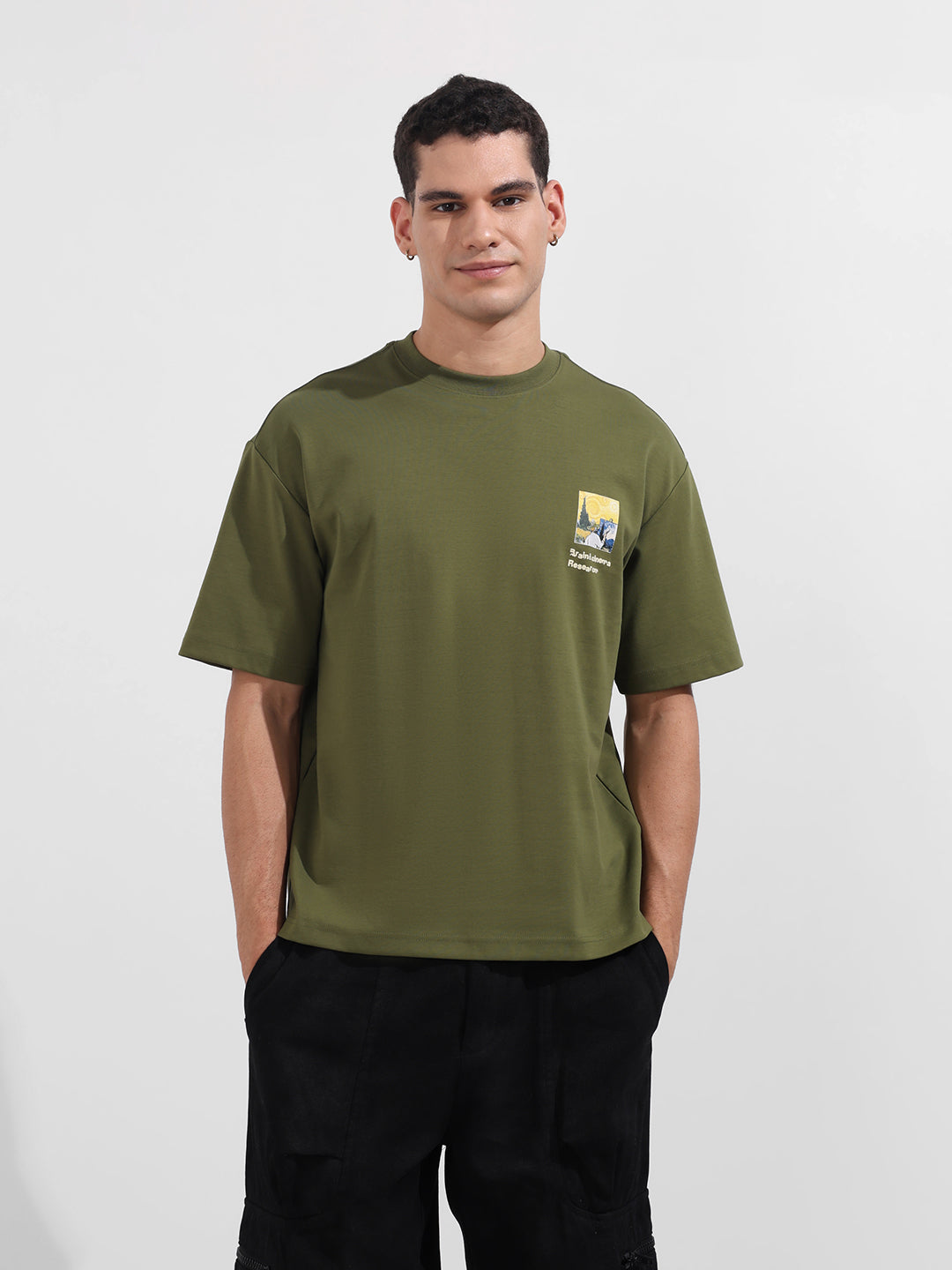 Men's Green Relaxed Fit Embroided 240 GSM Casual T-Shirt